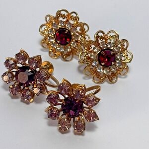 Vintage Rhinestone Earrings Screw Back Red Purple  Regency Gothic Romance